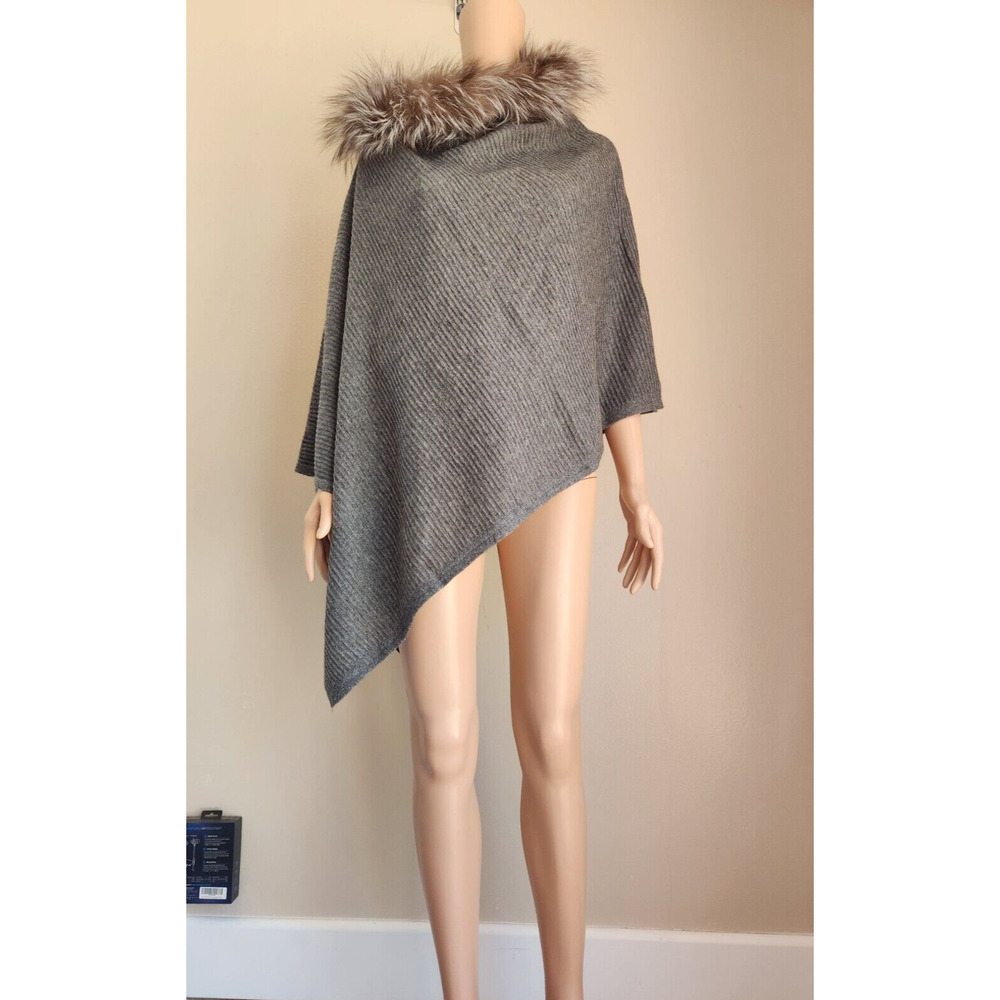 NWT Sofia Cashmere Fox Fur Asymmetrical Poncho OS Wool/Cashmere Grey